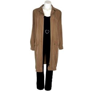 ELLEN TRACY Long Roll Tab Zip Tunic Jacket Size M Taupe Brown Duster Lightweight